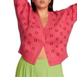11 HONORE Angie Jacquard Monogram Cardigan Drop-Shoulder Sweater